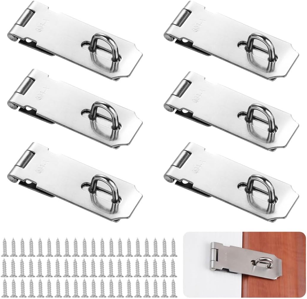 Latch Hasp Locks Door, Padlock Clasp Stainless Steel Brushed Finish 4 in, Six Pcs, Safety Padlock Latch Hasp with Screws, Sheds, Cabinets, Doors for Gate Lock Hasp and Latch Set