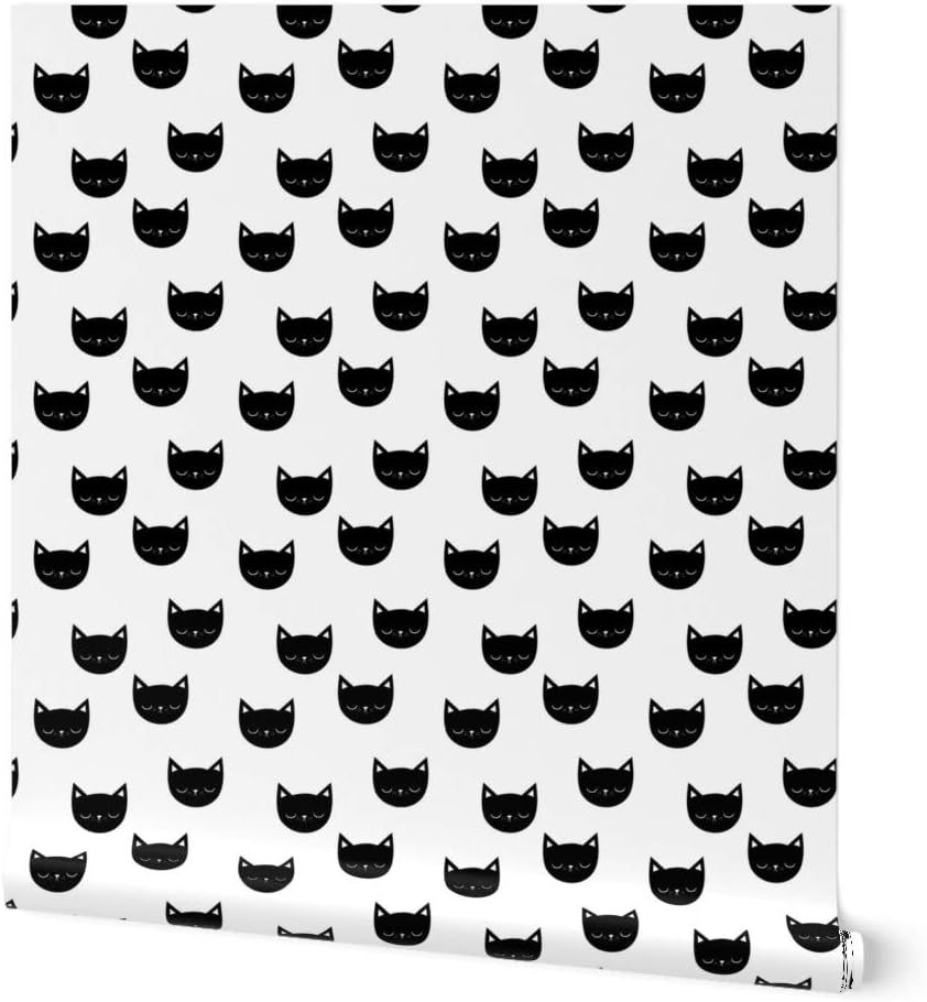 Peel & Stick Wallpaper Swatch - Kitties Cats Animal Black Kids White Monochrome Cat Kitten Head Pet Custom Removable Wallpaper by Spoonflower