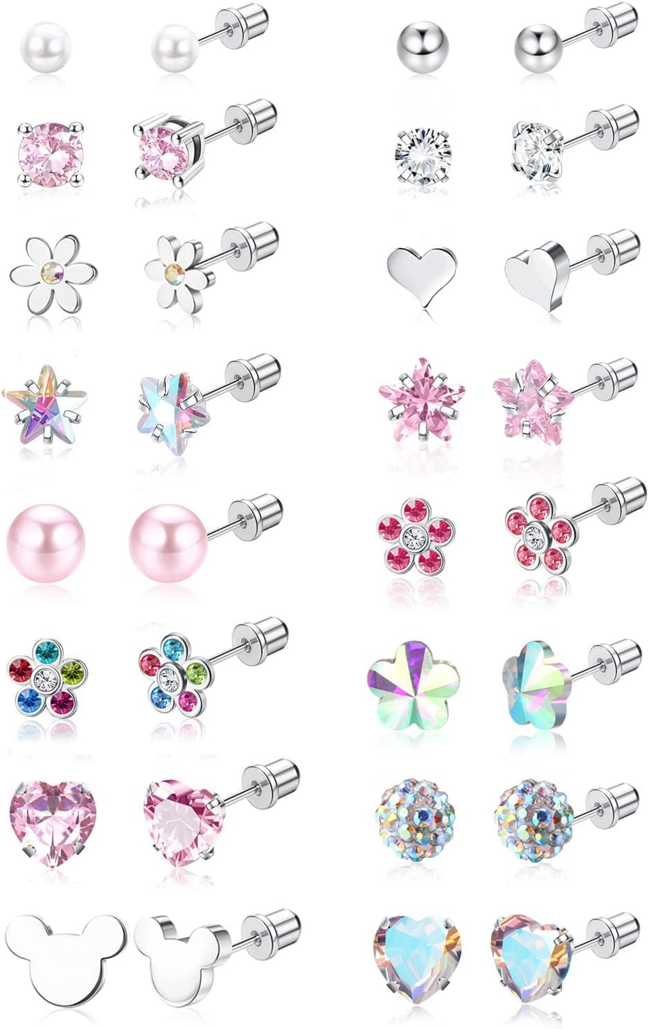 BESTEEL16 Pairs Screw Back Earrings Stud for Girls Women Surgiacl Steel 20G Tiny Cartilage Stud Earrings CZ Heart Flower Star Ball Screwback Flat Back Stud Earrings Set Hypoallergenic
