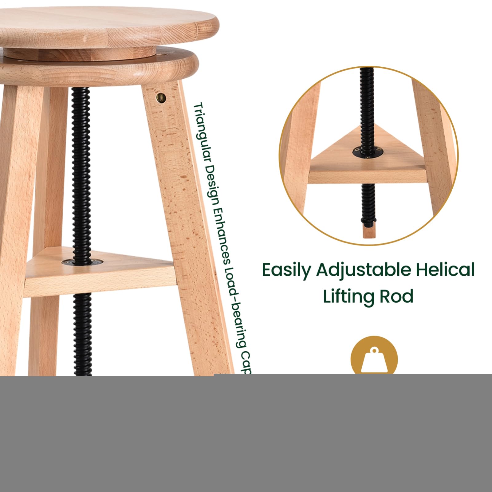 Sgabello regolabile in altezza, in legno, diametro 30 cm, altezza 48-65 cm, girevole a 360 gradi, ideale per artisti, cucina, ufficio, studio, sgabello da disegno, sgabello artistico, sgabello da bar
