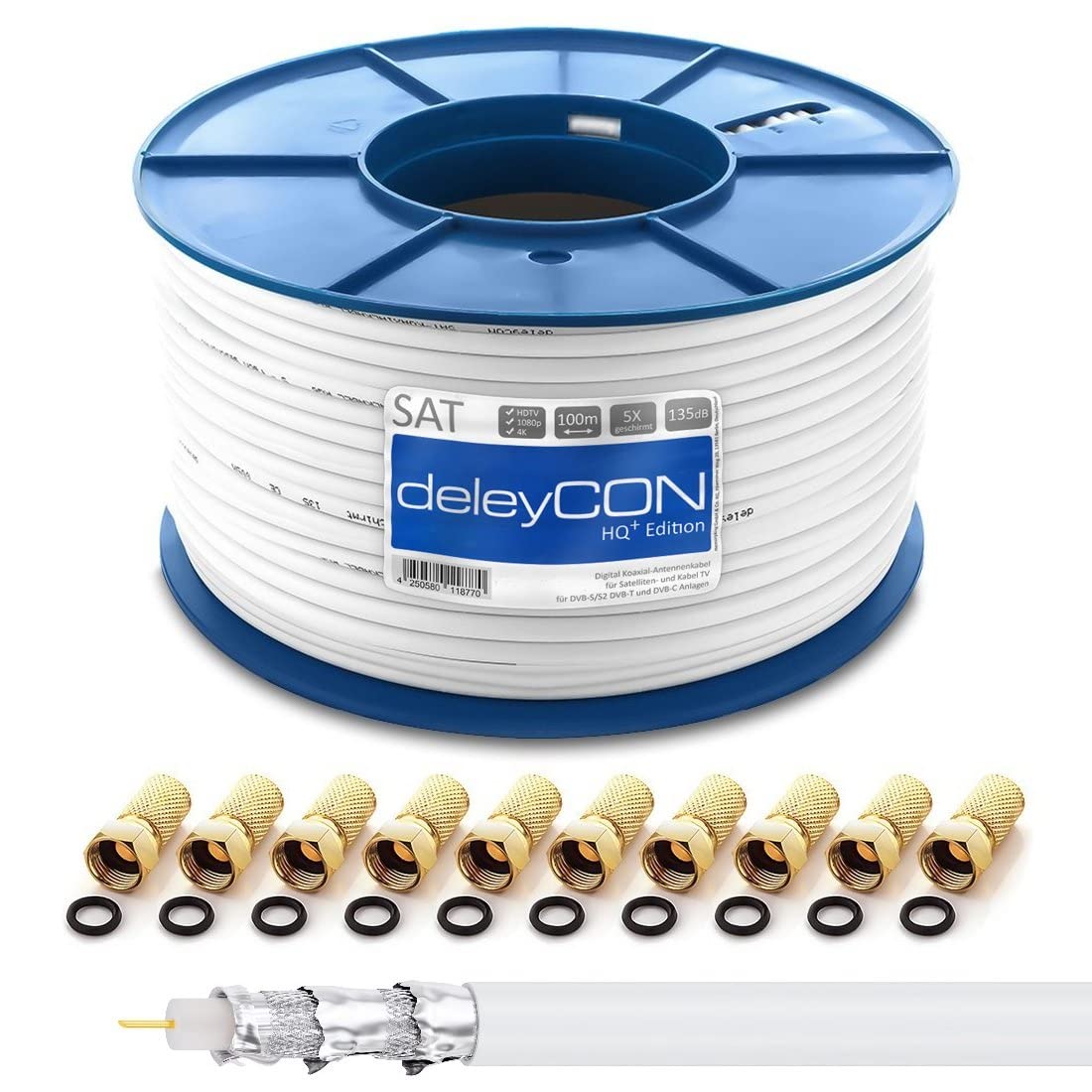 deleyCON HQ+ 100m TV SAT Koaxial Kabel 135dB - 5-Fach geschirmt für DVB-S - S2 DVB-T und DVB-C - 4K 1080p Full HD HDTV Radio - inkl. 10x vergoldete F-Stecker