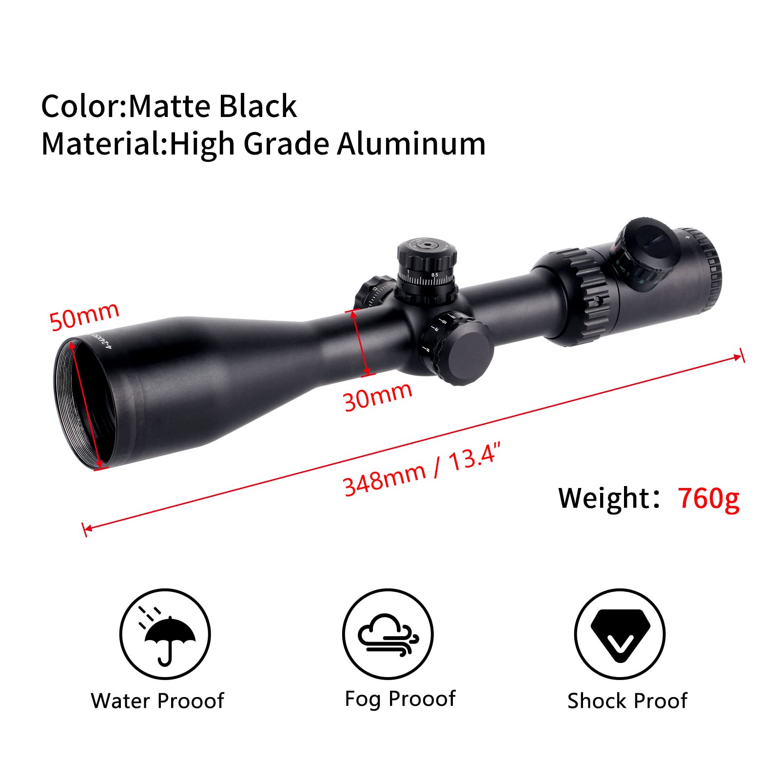 Ottica Cannocchiale Caccia 4-24x50mm Cannocchiale Carabina Illuminato Reticolo Rosso/Verde Telemetro Rapido Airsoft Mirino con Weaver/Picatinny Rail Mounts