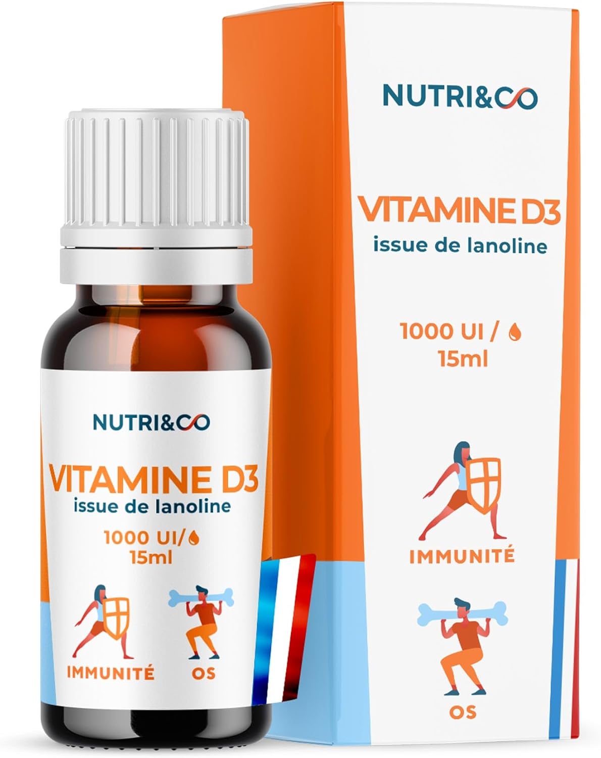 NUTRI & CO Vitamin D3 from Lanolin – 1000 IU per drop – 2000 IU/d – Bottle 15 ml – Bone Health & Immunity – for Adults and Children – Made in France