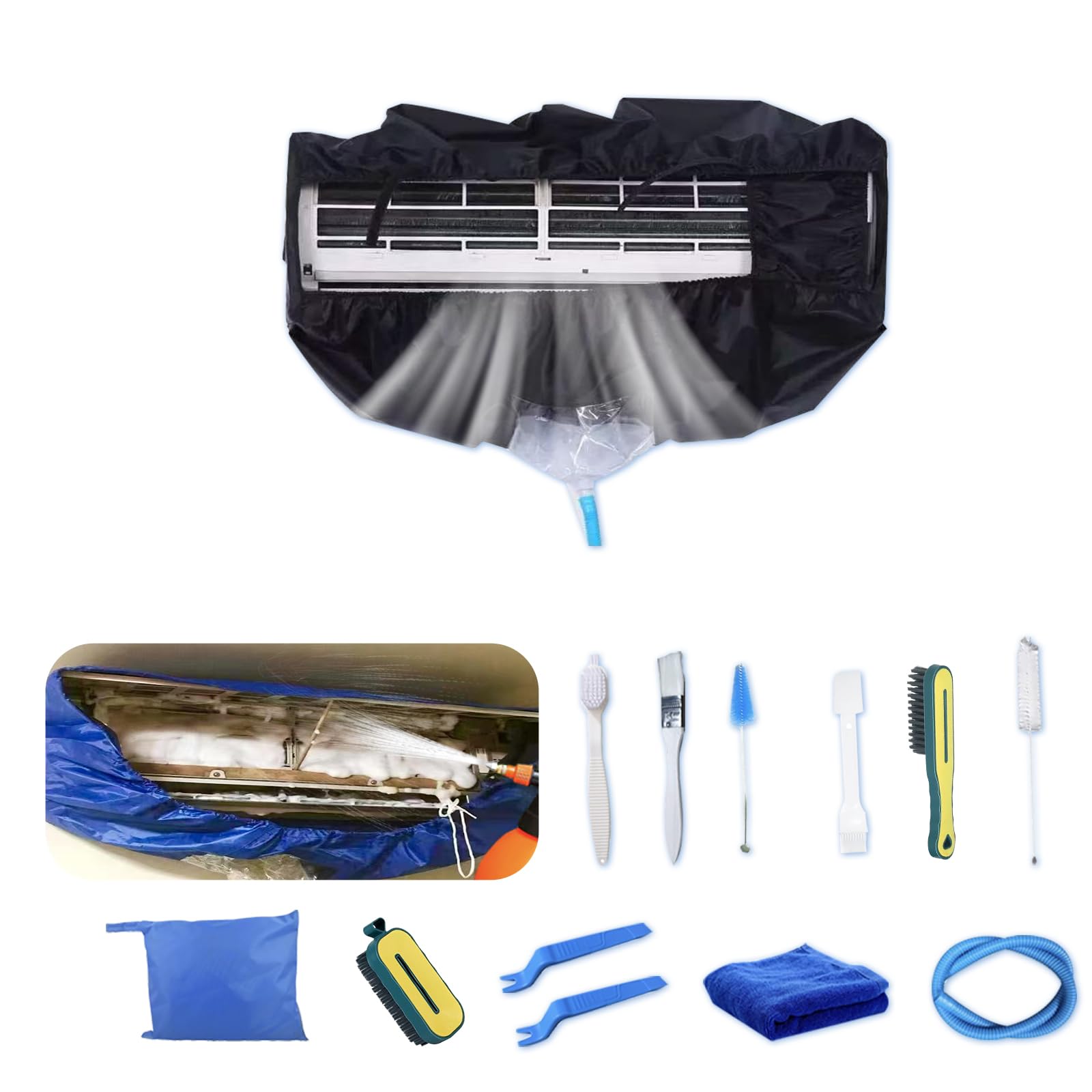 Kit de Limpieza Profunda para Limpieza de Aire Acondicionado, Bolsa de Limpieza de Aire Acondicionado con Manguera de Agua (13 Piezas, Pequeña, Negra)