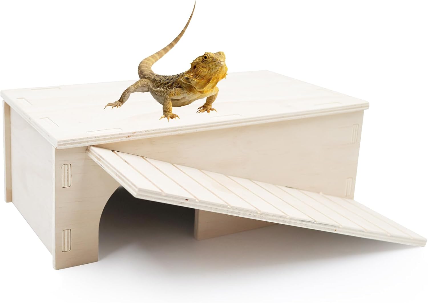 2-in-1 Wooden Hide Cave with Ramp & Basking Platform – Reptile Hideout & Tank Accessory for Bearded Dragons, Geckos, Snakes