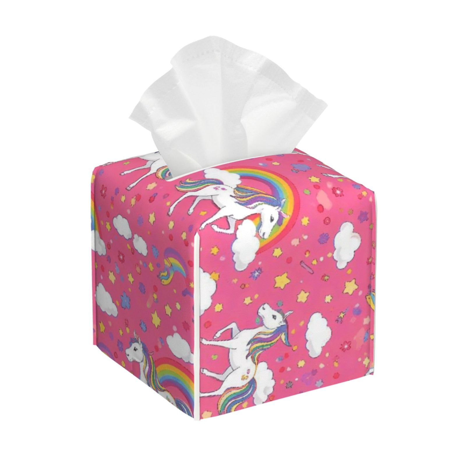 Pink Unicorns Rainbow Cloud Leather Tissue Box Cover Holder Square Facial Paper Organizer 5.2" X 5.2" X 5.2"