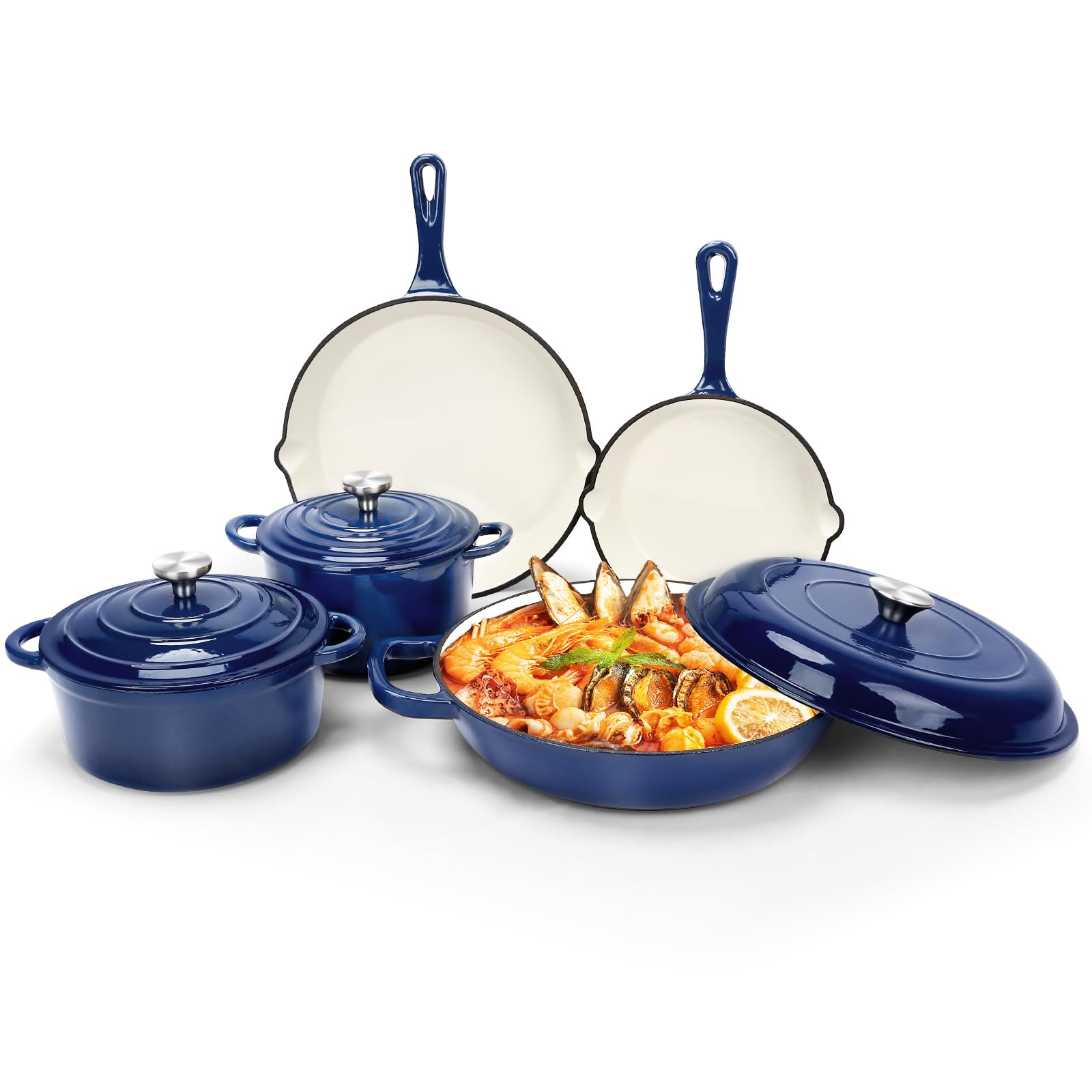 GFTIME Antihaft Emaille Gusseisen Kochgeschirr Set, 8 teiliges Töpfe und Pfannen mit Deckel, Bratpfanne, Schmortopf, Soßentopf, Runder Dutch Oven für Brotbacken auf allen Herdarten, Marineblau