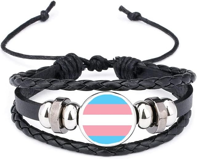 Transgender Pride LGBTQ Rainbow Black Leather Bracelet And Velvet Gift Bag