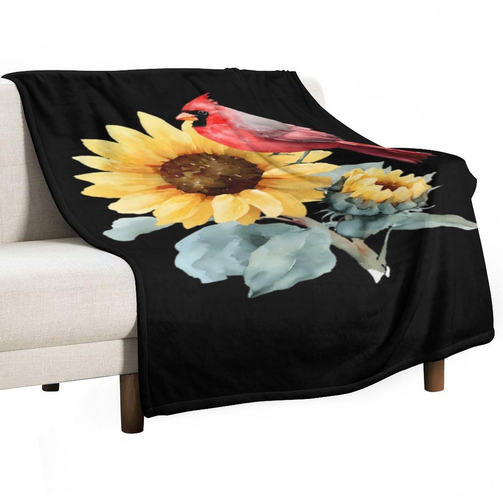 Cgsbngha Style Watercolor Sunflower Cardinal Bird Flannel Fleece Blanket Lightweight Soft Throw Blankets For Sofa Couch Bed Chair