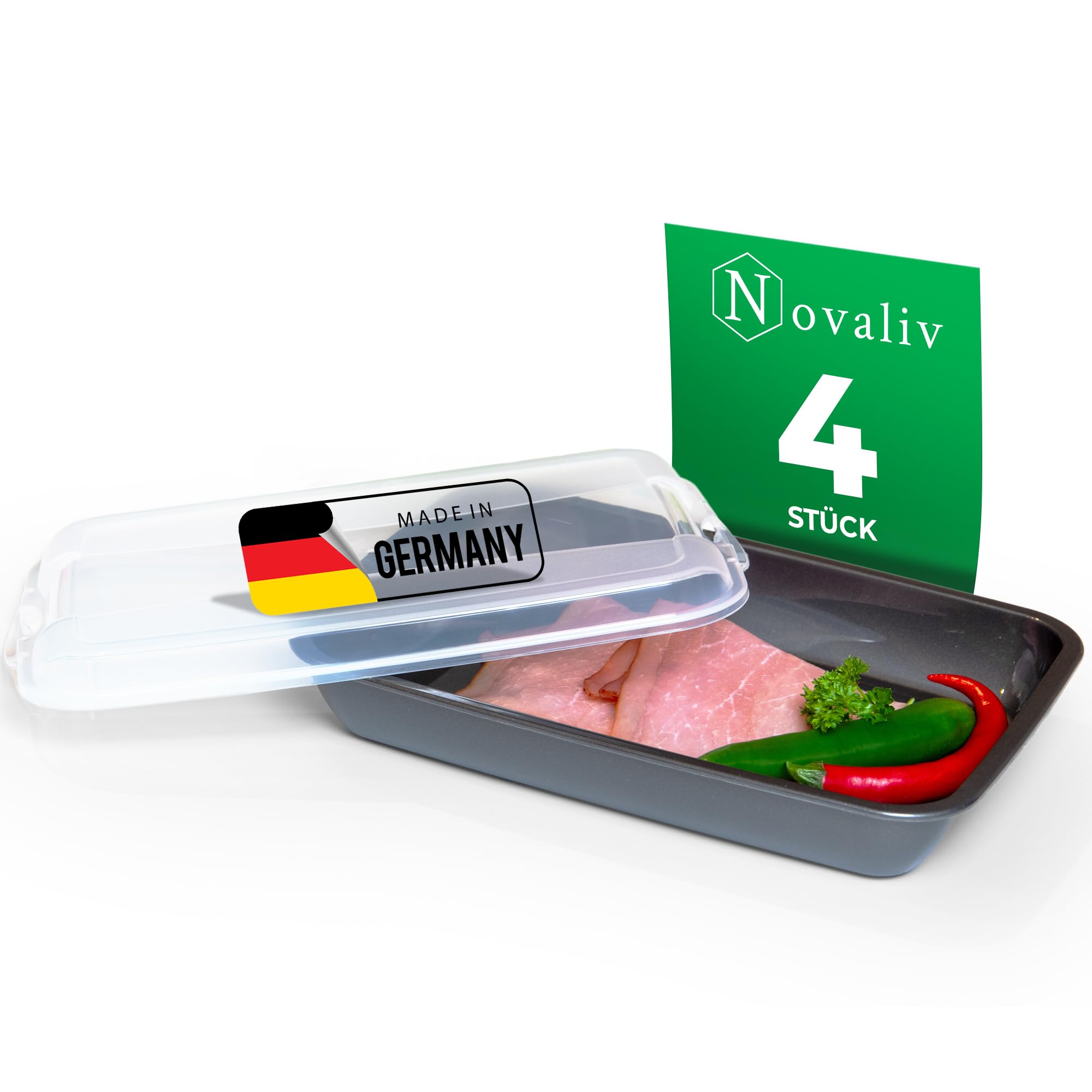 Novaliv 4er-Set Anthrazit Premium Aufschnittbox mit Transparentem Deckel, Frischhaltedosen für Wurst & Käse Maße 25x17x5 cm Kühlschrank Organizer Knäckebrotbox Wohnung must-have Küchen Gadgets