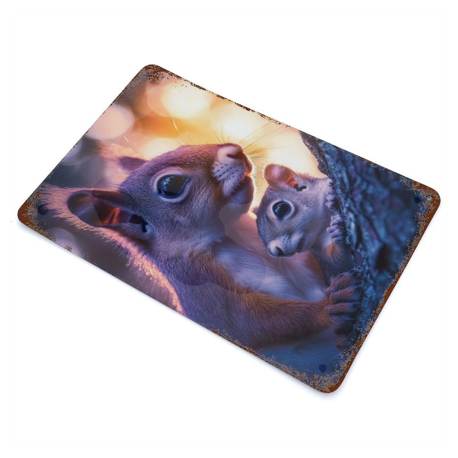 Aged Metal Wall Plaque with Squirrel Family Portrait Design 11.8"x7.9", for Basement, Hobby Room And Garage Decor, Farmhouse Wall Decor