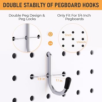 INCLY 100PCS 1/4 Inch Pegboard J Hooks with Peg Locks & Rubber Tipped | Heavy Duty, Peg Board Hooks Accessories,Peg Board Tool Hangers,Fit 1/4 Pegboard for Wall Hanging Tools or Display Jewelry