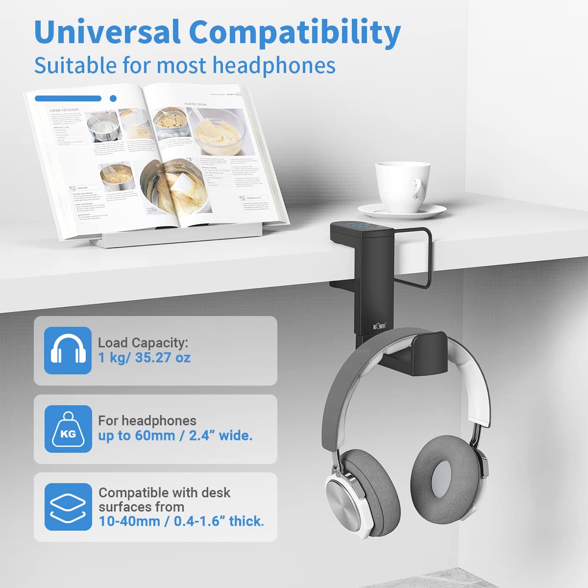 Support De Casque Gamer Avec LED RGB Et Ports USB - Blanc, Compatible Universel
