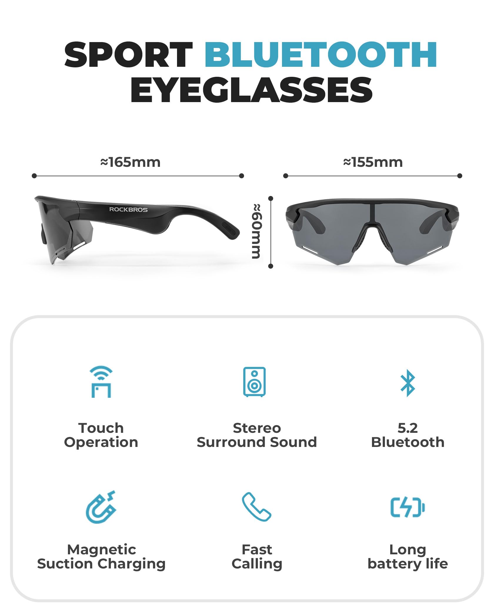 ROCKBROS Gafas Inteligentes Bluetooth con Sonido Open Ear, Lentes Polarizadas Ultra Livianas para Ciclismo MTB Running Senderismo Pesca Diseño Unisex