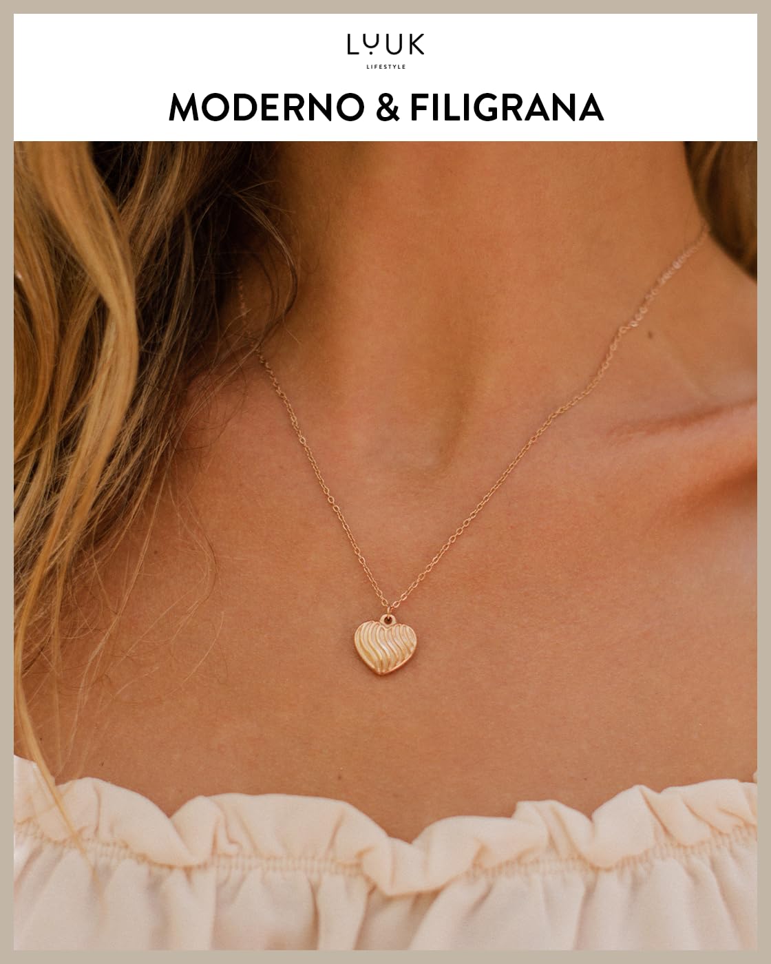 LUUK LIFESTYLE Collana con Ciondolo Cuore Scanalato, Oro Rosa, 50cm | Cuore Rigato, Design Moderno, Impermeabile, Ipoallergenico, Catena Regolabile, Regalo per Amica, Mamma, Acciaio Inossidabile