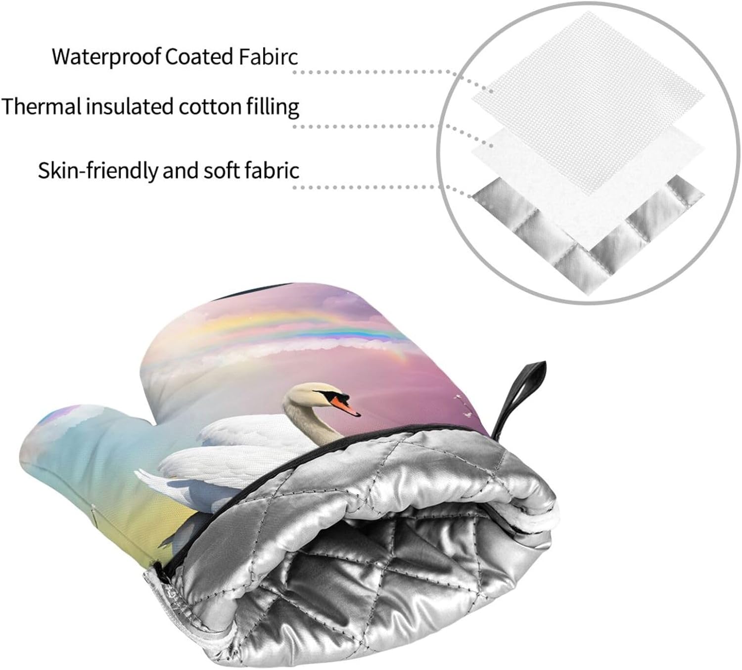 (White Swan) Baking 4-Piece Set: 2 Oven Mitts and 2 Pot Holders Heat Resistant Waterproof Hanging Loop for Kitchen Oven Grill Housewarming Gifts