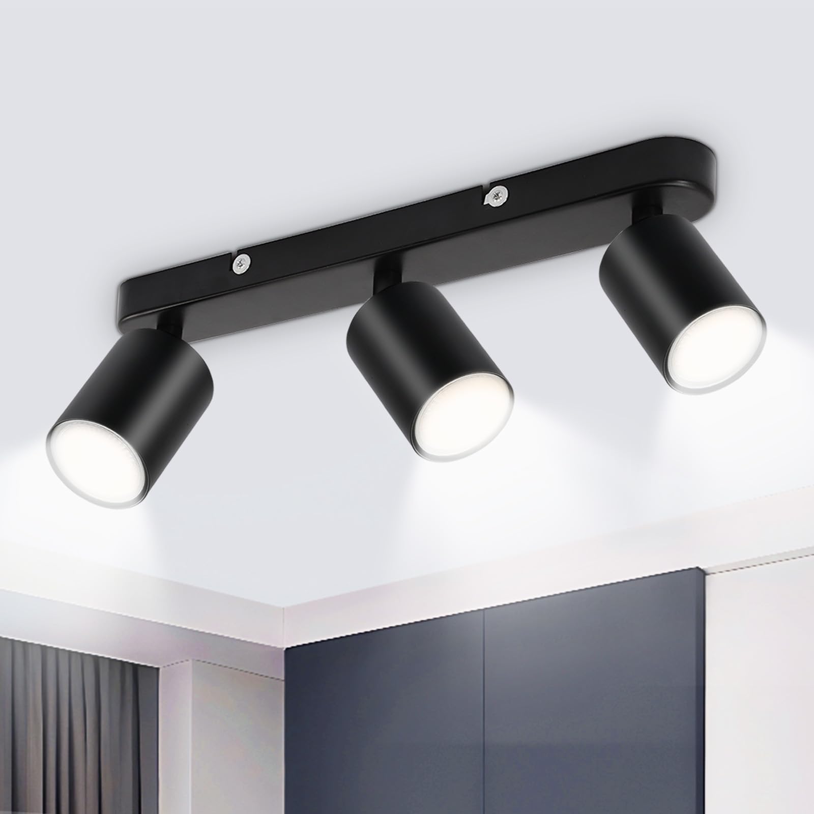 3 Way Ceiling Light Bar, Adjustable GU10 Spotlight Metal White, Modern Industrial Ceiling Lights for Kitchen Bedroom Living Room Hallway Dining Room, Bulb Not Included
