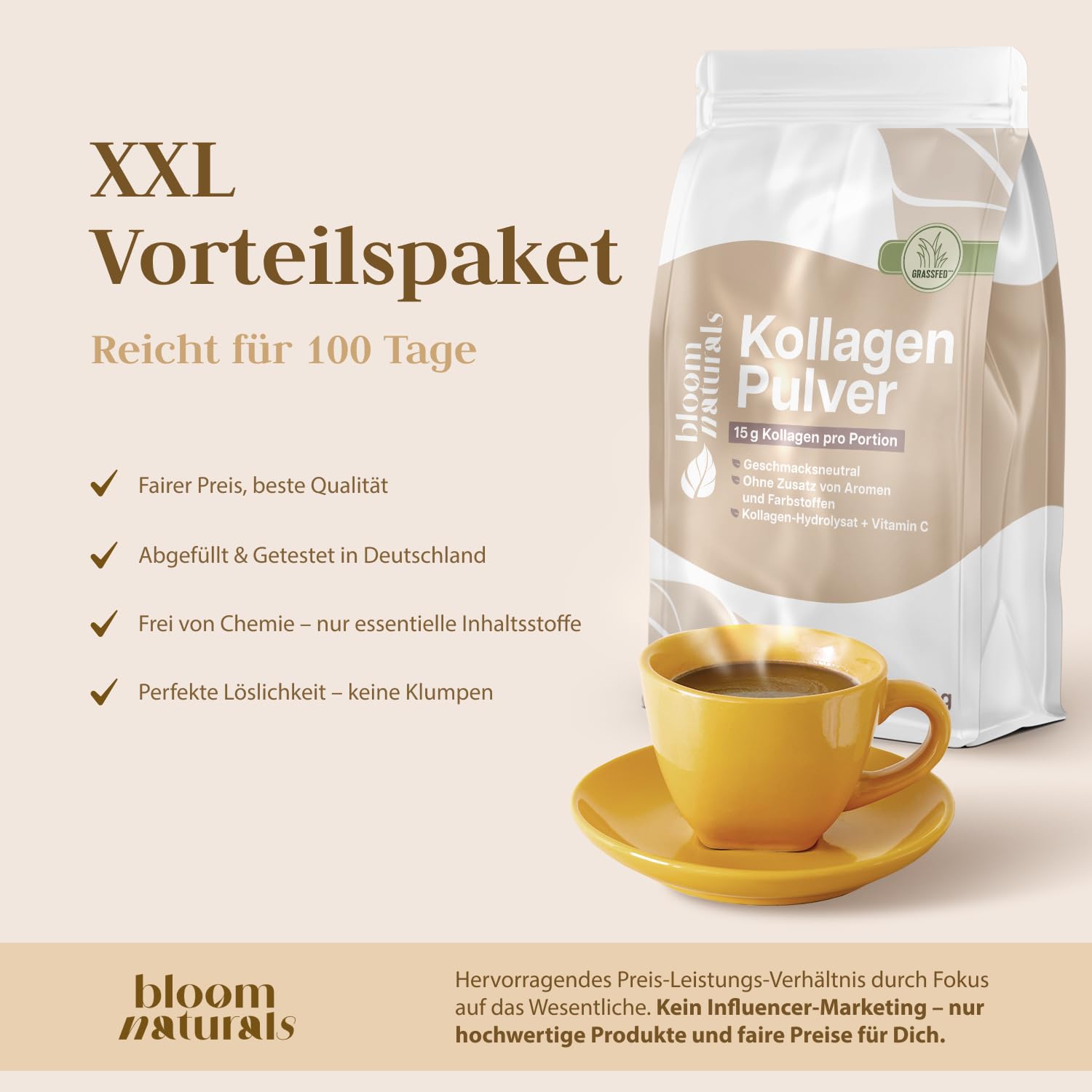 Grassgefüttertes Collagen Pulver 1500g (1,5 KG) - Hochdosiert & Geschmacksneutral Kollagen Hydrolysat Pulver, Peptid Typ 1 & 3 - Kollagen Peptide - Abgefüllt und getestet in Deutschland