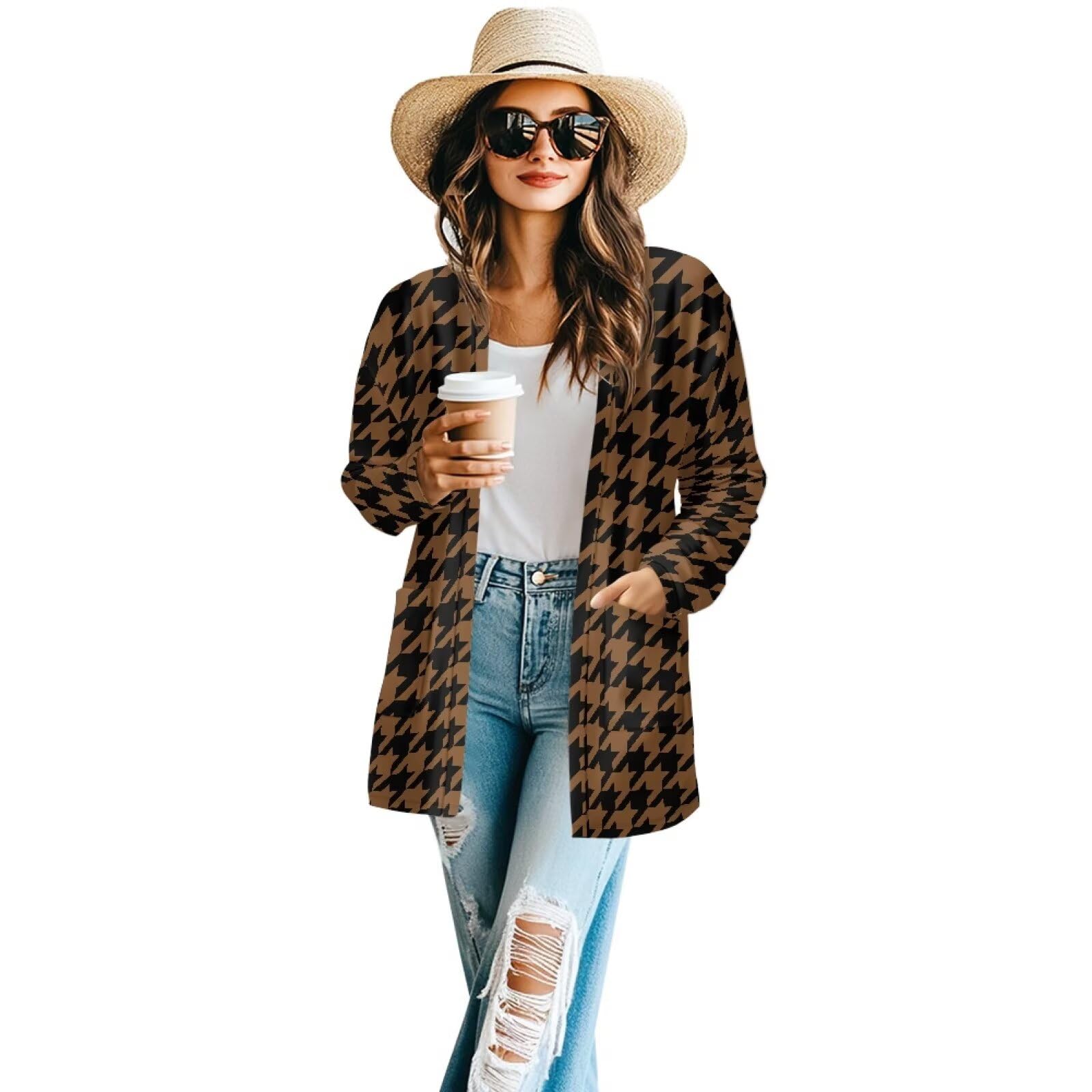 Women's Aztec Open-Front Jacket Lightweight Casual Outerwear Native Western Aztec Pattern &amp; Plaid Houndstooth Print