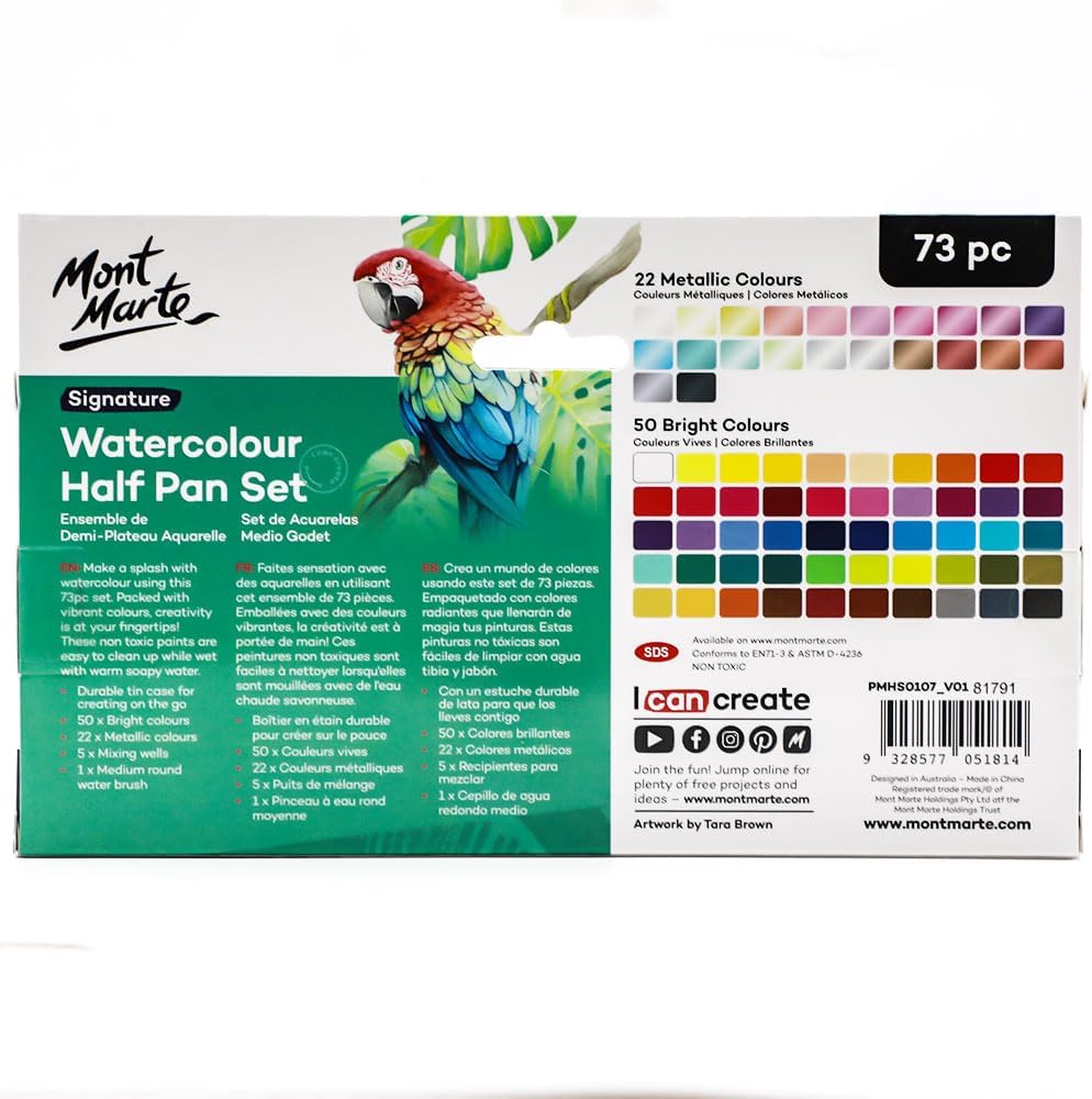 Mont Marte Watercolor Set Signature 73pcs, Including 50 Bright and 22 Metallic Colors with Translucent Finish, Ideal for Artists, Hobbyists and Adults