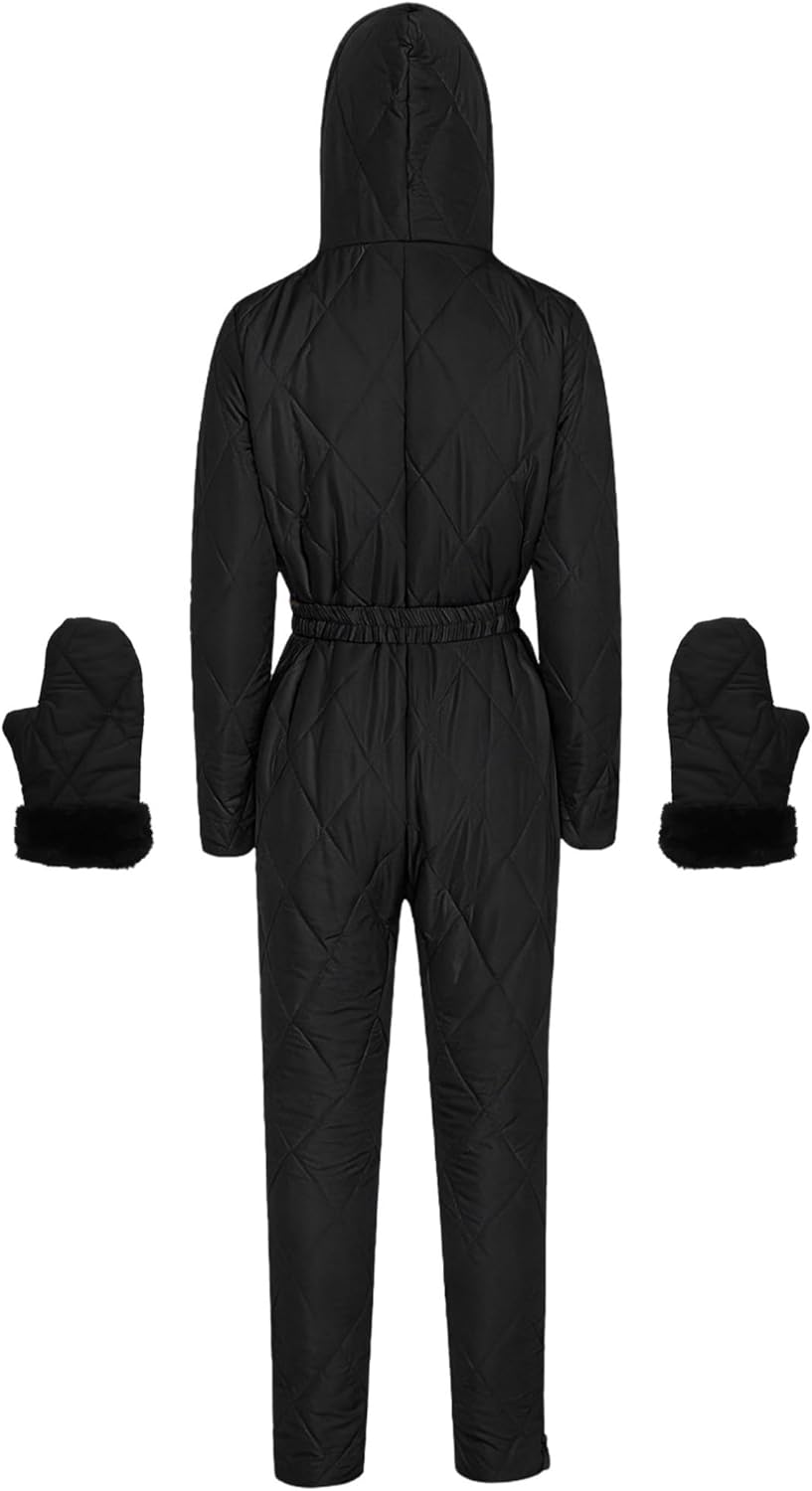 easyforever Women's Insulated Ski Suit Hooded Thermal One-piece Jumpsuit For Snow Sports Black X-Large