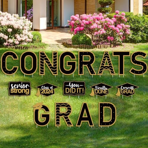 17 Pieces 2025 Graduation Decoration Outdoor Congrats Grad Yard Sign Class of 2025 Garden Lawn Sign with 35 Stakes for Grad Party Outdoor Decor(Black)