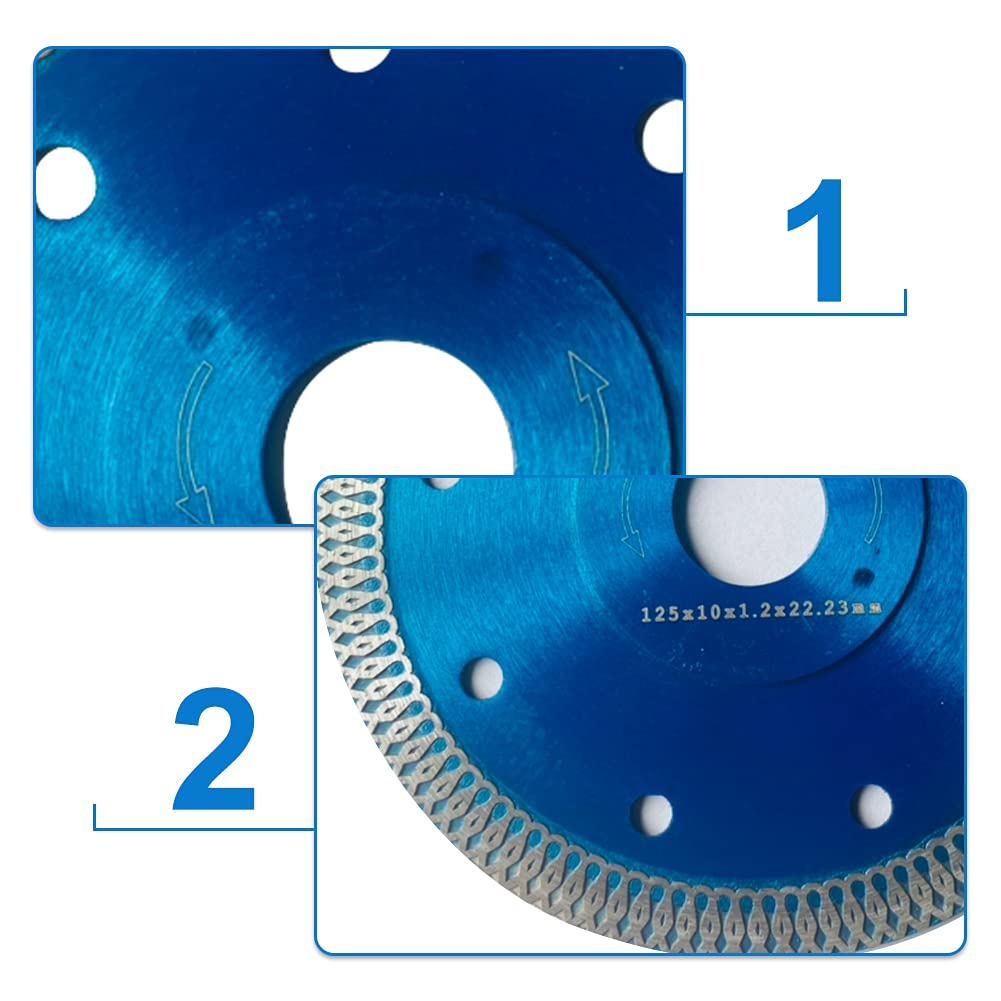 Disque Diamant 125mm, Lot de 5 Disque à Tronçonner Diamanté Ø125 x 1,2 mm x 22,23 mm, pour Meuleuse d'angle, Coupe de Porcelaine, Carrelage, Granit, Marbre, Céramique, Béton Renforcé, Bleu