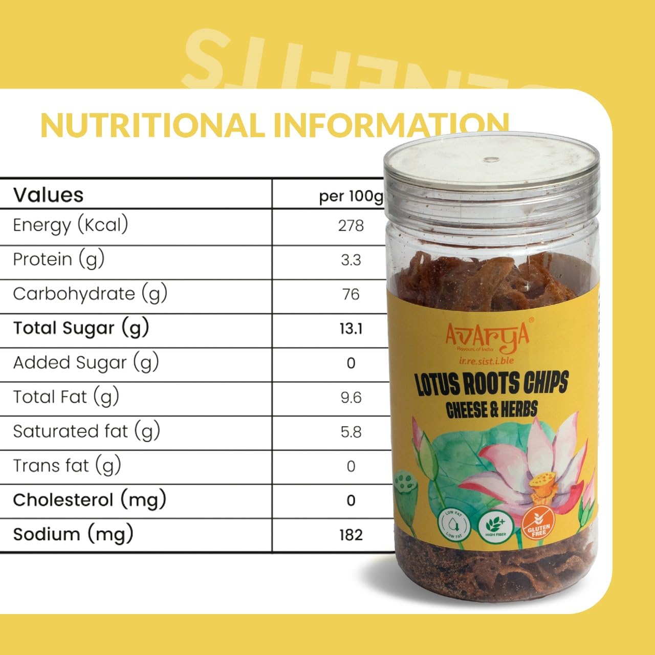 Avarya Lotus Root Chips 100 Gms | Crispy Lotus Stem Chips - Cheese & Herbs Flavour | Low in Oil | Health Savoury Snack | Vegan Snack | Pack of 1 4