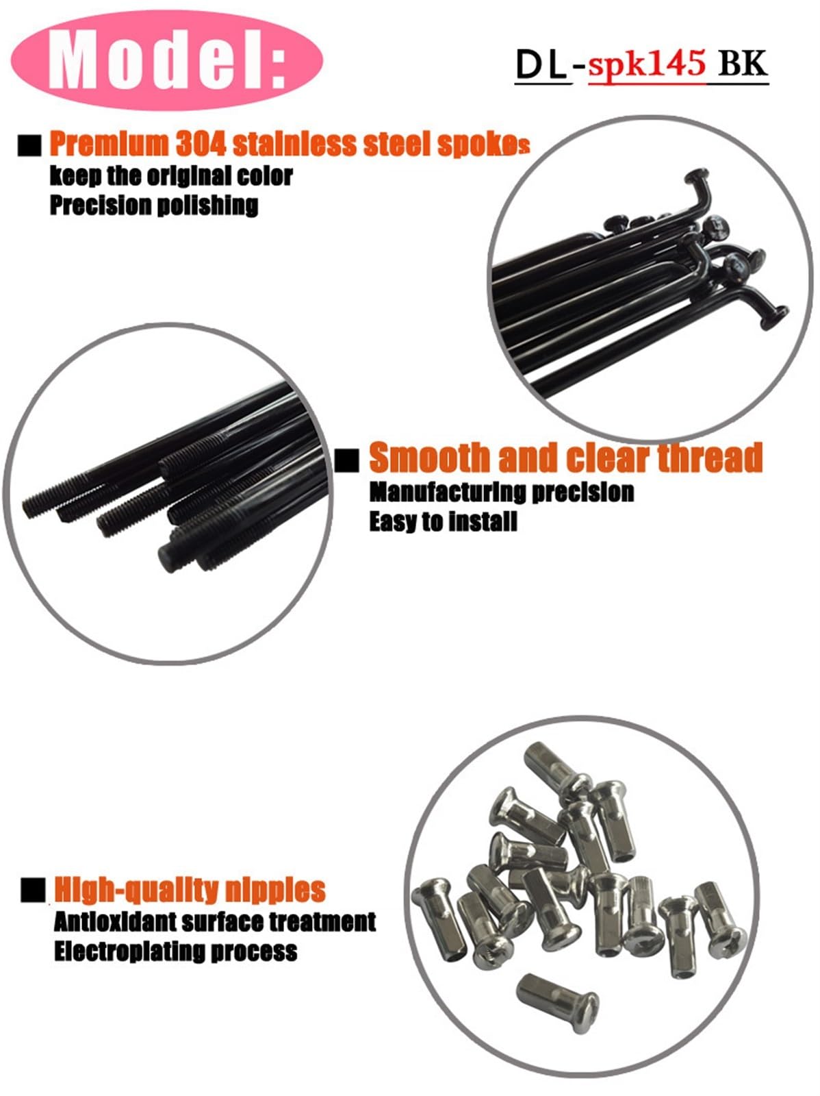 Kit 36 Rayons Vélo 12G – 225 Mm, Noir – Acier 45 – Écrous Galvanisés – Pour VTT, Route, Ville