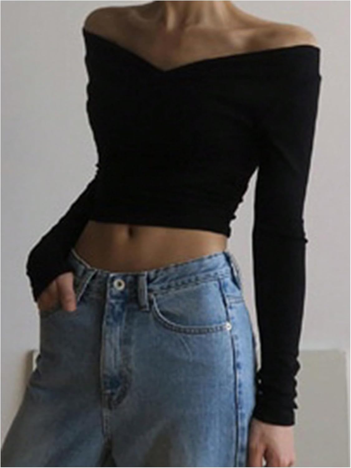 GORGLITTER Women's Off The Shoulder Crop Top Sexy Wrap Ruched Going Out Outfits Long Sleeve Y2K Fashion Cropped T Shirts - Image 5