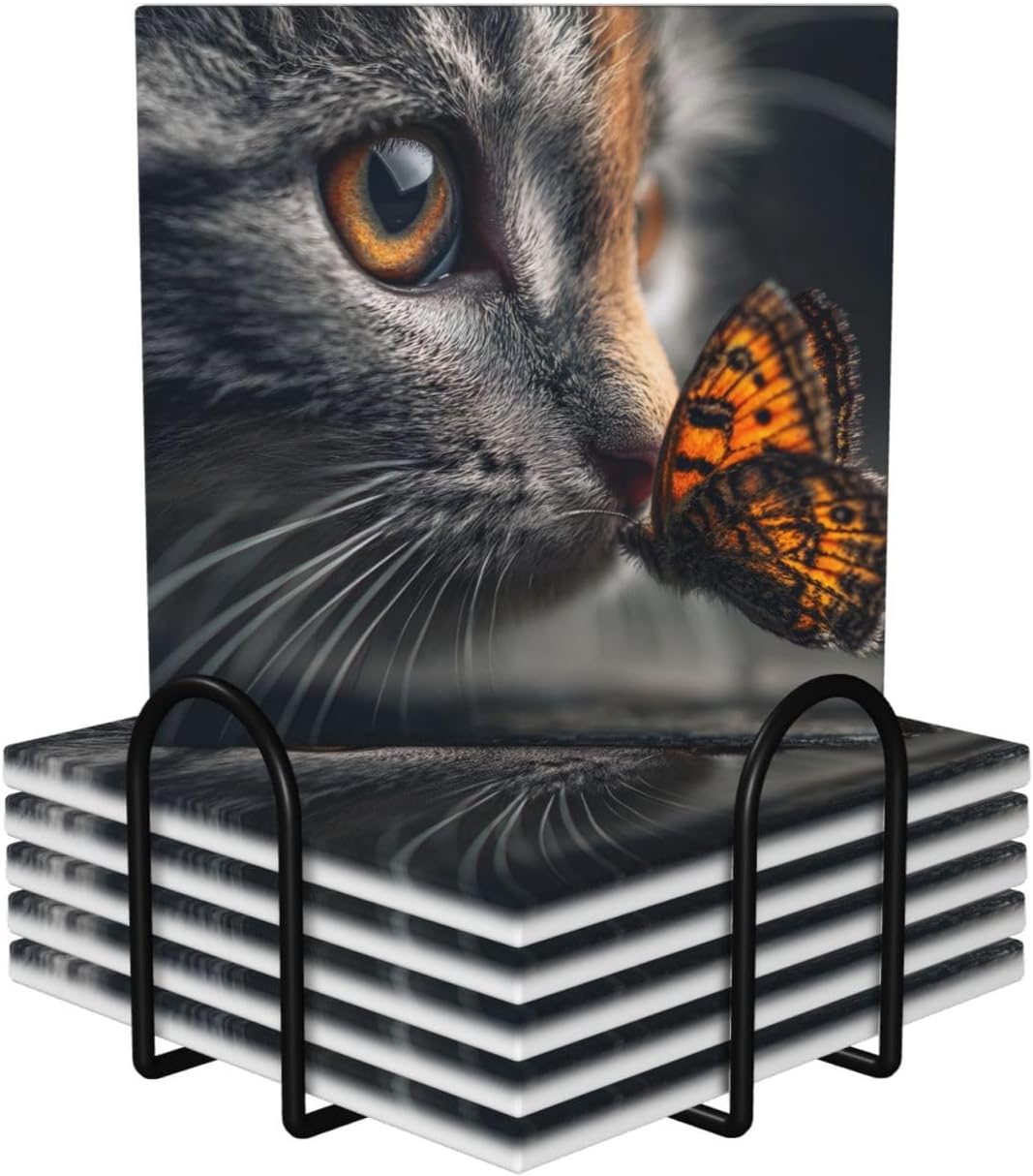 (Butterfly and kitten's) Ceramic Coasters Set of 6 with Holder Non-Slip Square Coffee Coasters for for Cup Mug Drink Patio Coffee Table Decor, Christmas Coasters Home Bar Supplies