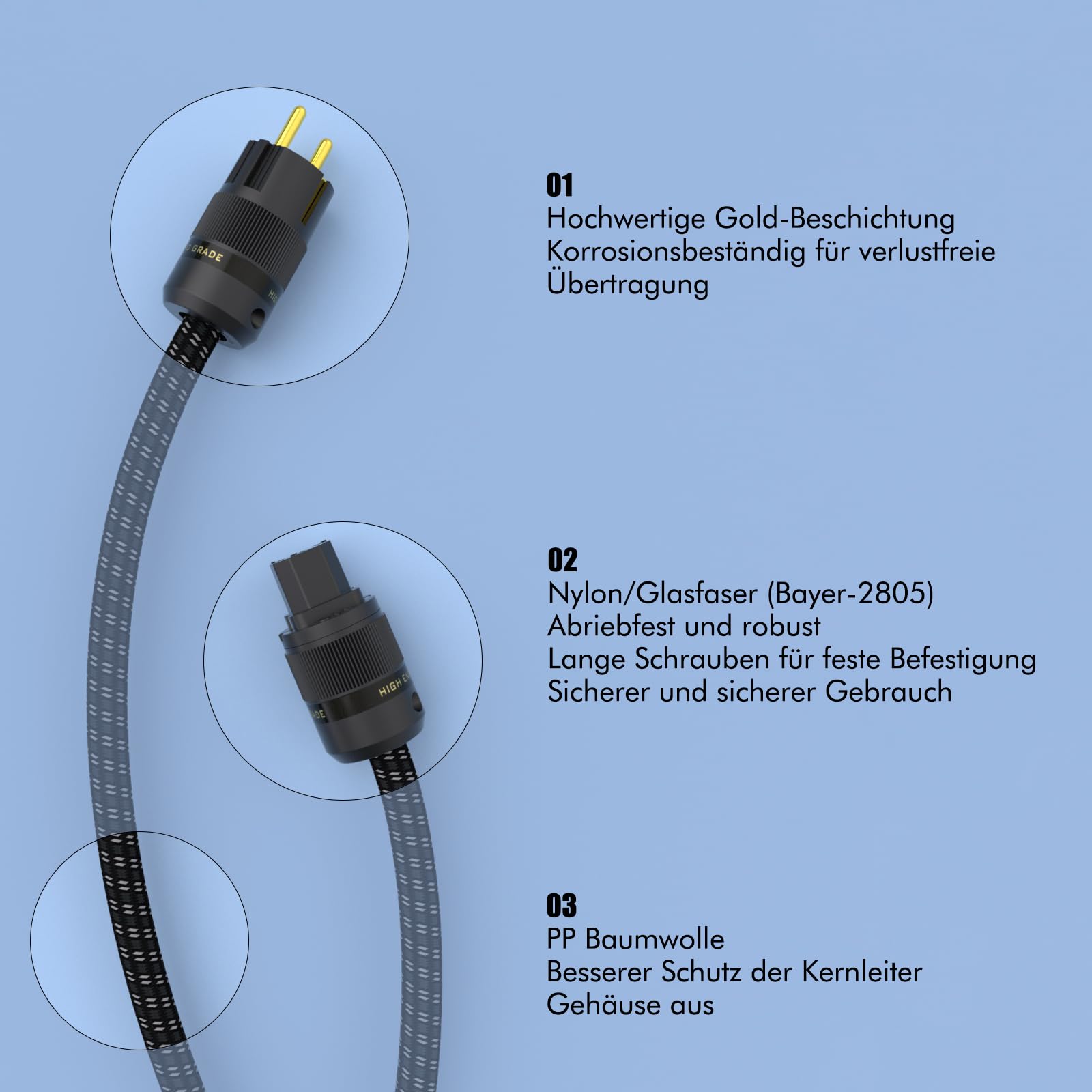 Monosaudio D521 High-End HiFi Netzkabel, audiophiles Stromkabel 1 m mit Kupferabschirmung, C15-Kaltgerätekabel mit IEC und Schukostecker für DVD/Verstärker/Decoder/Subwoofer/AMP