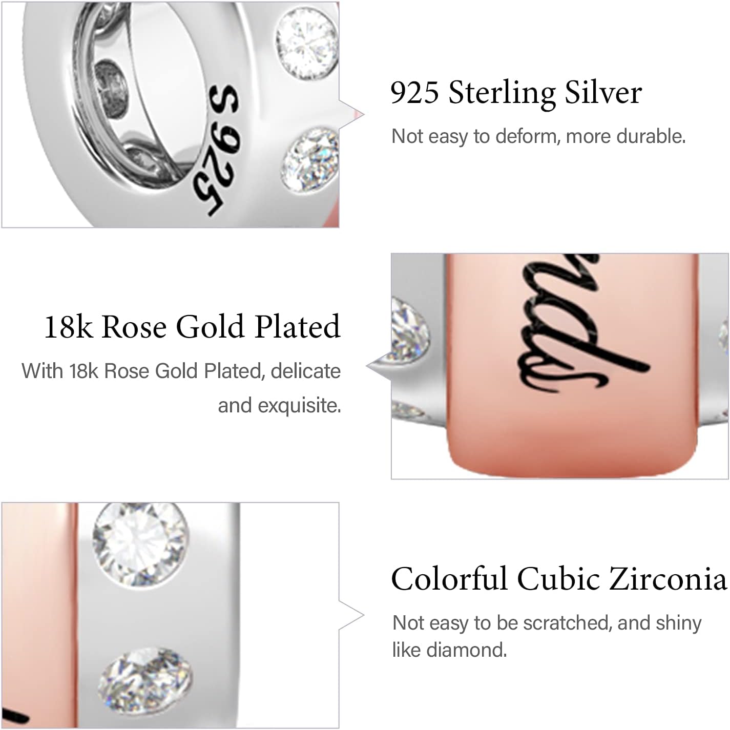 GNOCE 925 Sterling Silver Round Shaped Birthstone Charm Beads Pendant fits Bracelets & Necklace Great Gift for Your Friends - Rose Gold