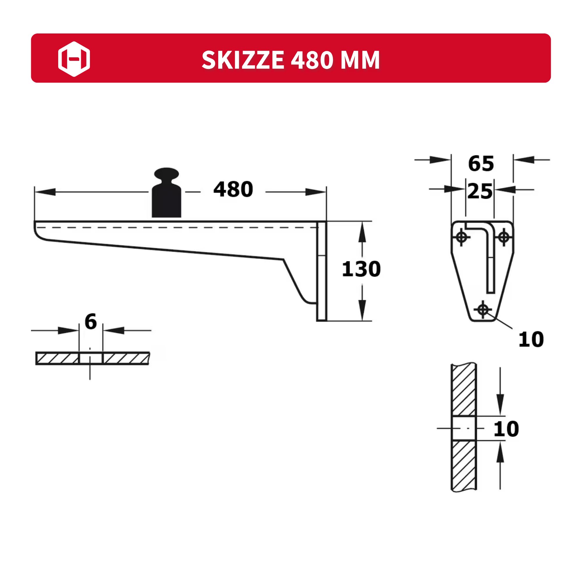 Gedotec MIRA wspornik regałowy, metalowy, wspornik do dużych obciążeń, głębokość 480 mm, stal szara, wspornik do dużych obciążeń, nośność 150 kg, 2 sztuki, metalowa konsola kątowa do ciężkich ładunków i regałów