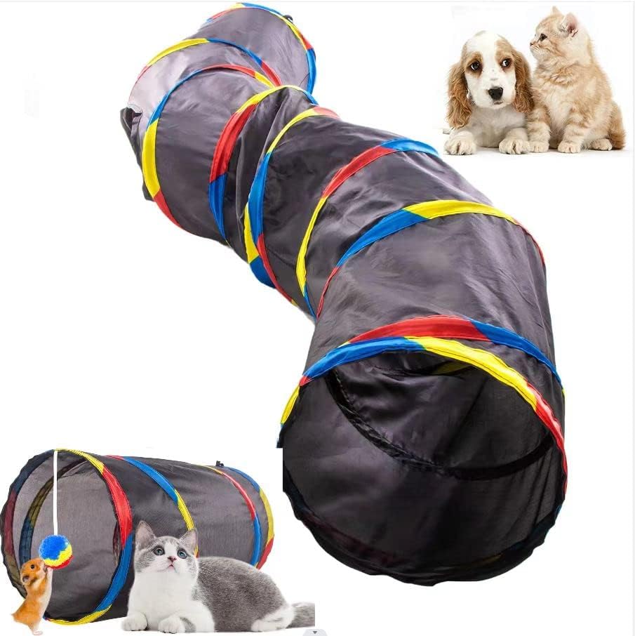 EPIPASI Foldable Tunnel for Pets with Reflective Tunnel for Indoor Bunny Toy Tunnel Interactive Toys, cat Tunnel with Ball (S Shape)