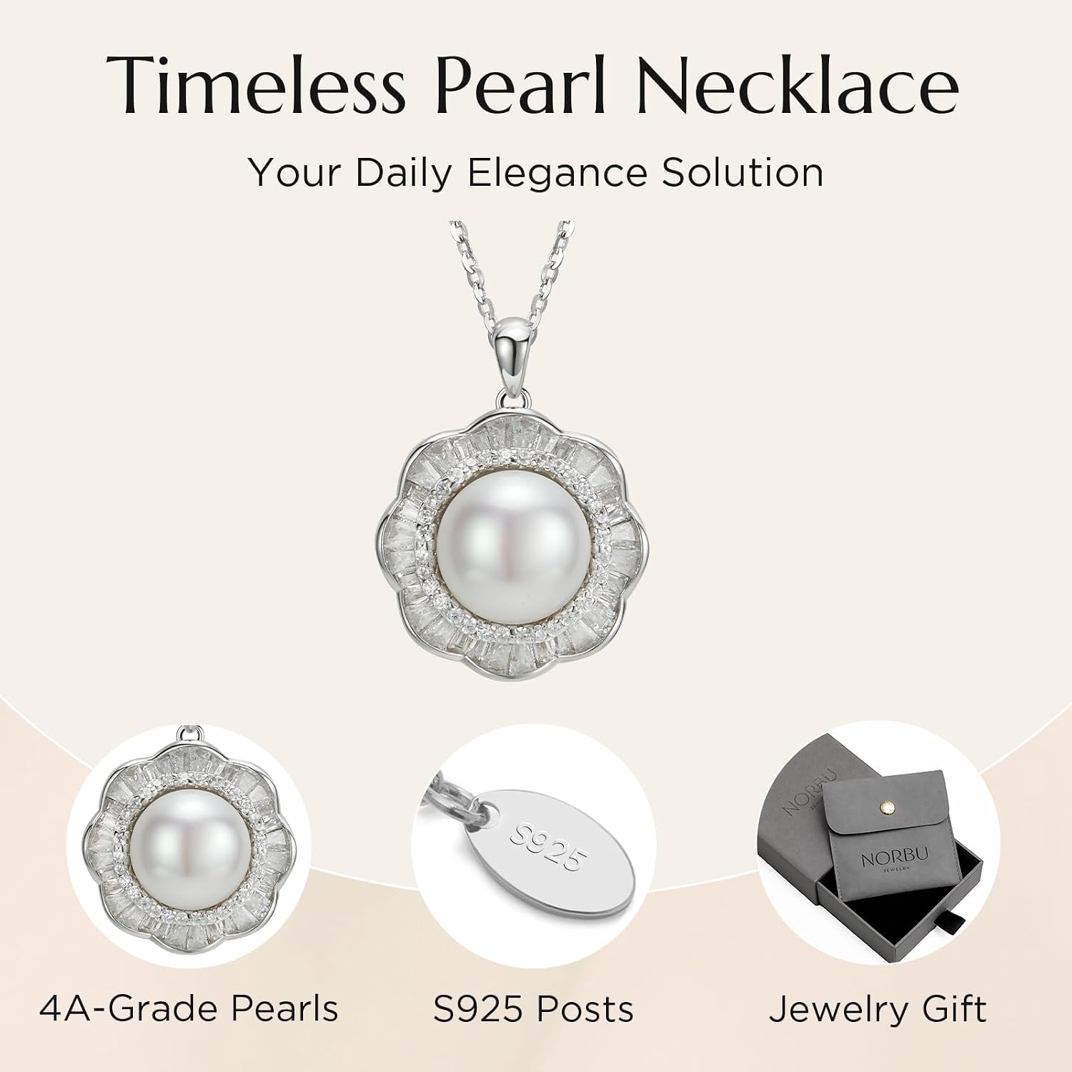 NORBU Pearl Necklace for Women, 925 Sterling Pearl Necklace Pendant with 18K White Gold Plated, Jewelry Gift for Wedding Anniversary Birthday Christmas Valentine's Day