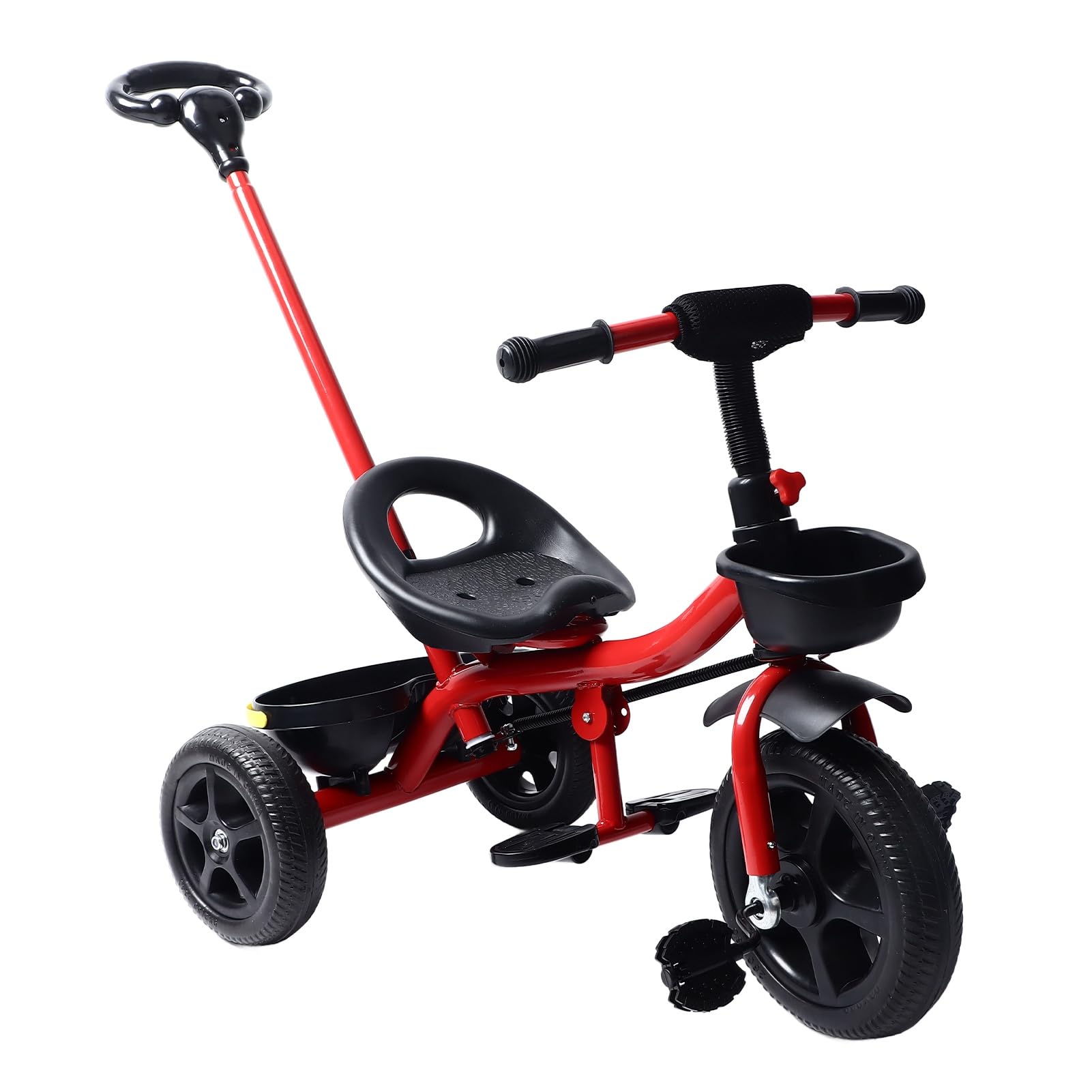 Asixxsix Kids Tricycle, Lightweight Baby Balance Bike Tricycle with Push Handle, Storage Basket, Height Adjustable, Backrest Safety Belt, Toddler Balance Bike for Boys Girls 1.5-6 Years Old