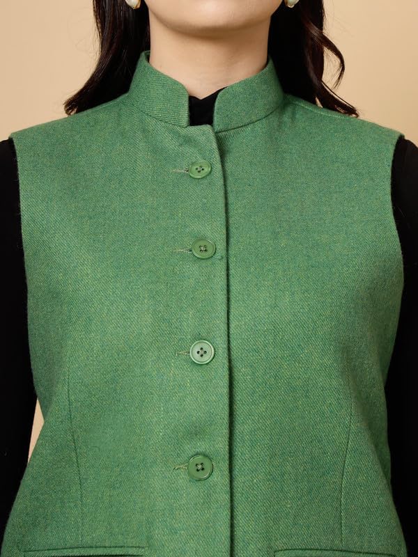 Image of Vastraa Fusion Solid Indian Traditional Ethnic Waistcoat Festive Woolen Nehru Jacket for Women