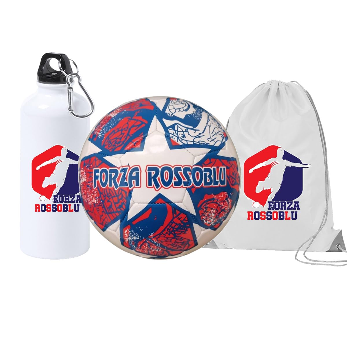 Generico Pallone con i colori della squadra di Bologna e scritta Forza Rossoblu + una borraccia bianca in alluminio e sacca in nylon con stampa dei colori della tua squadra del cuore tifoso regalo