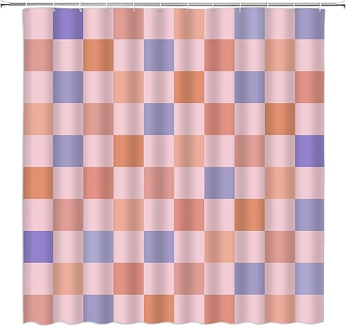 Cortina de ducha geométrica a cuadros de los años 60 y 70, diseño abstracto a cuadros groovy bohemio, cortina de baño rosa moderna con ganchos, 70