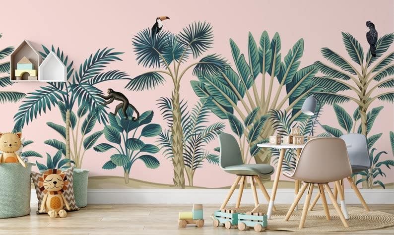 Botanic Wallpaper Plants Monkey Bird Pink Background Kids Baby Room Prepasted Wall Art Design Removable Paper 100" H x 150" W