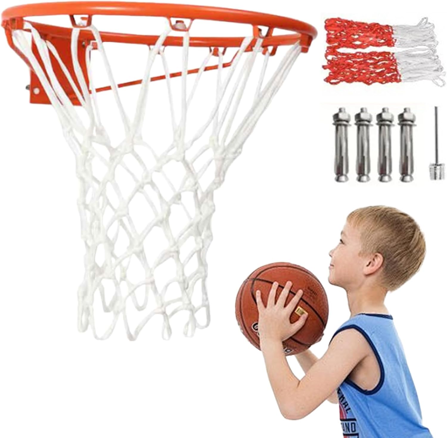 Basketball Hoop Wall Mounted(35cm),Basketball Hoop Replacement Rim | Thickened Basket Ball Hoop Outside with Net - Uni versal Netball Hoop for Standard Size Basketballs, Includes Inflator Needle