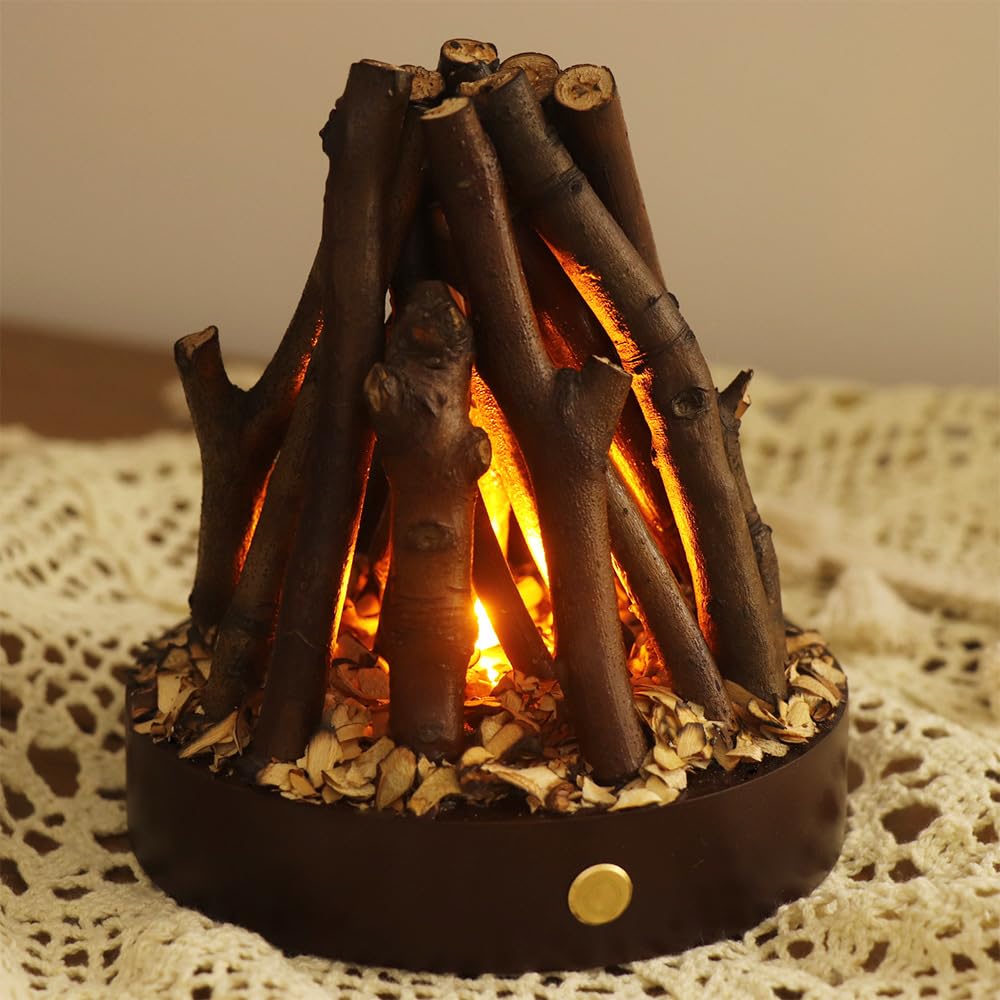 Small Cozy Fireplace Lantern Traditional Realistic Log Wood Burning Flame Effect Ligh LED Charcoal Style Table LampFor Indoor & Outdoor Use