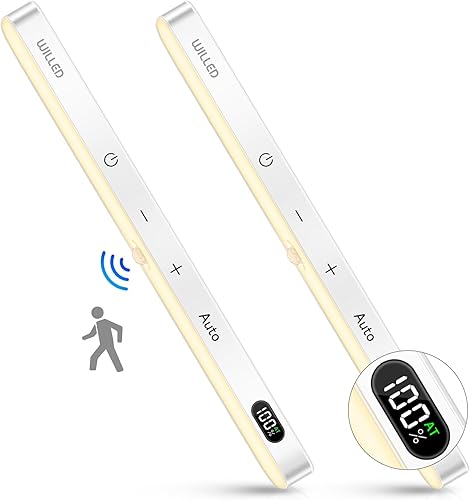 WILLED Luces de armario de 3000 K con sensor de movimiento, pantalla de batería, barra de luz táctil de 60 LED, luz con sensor de movimiento para