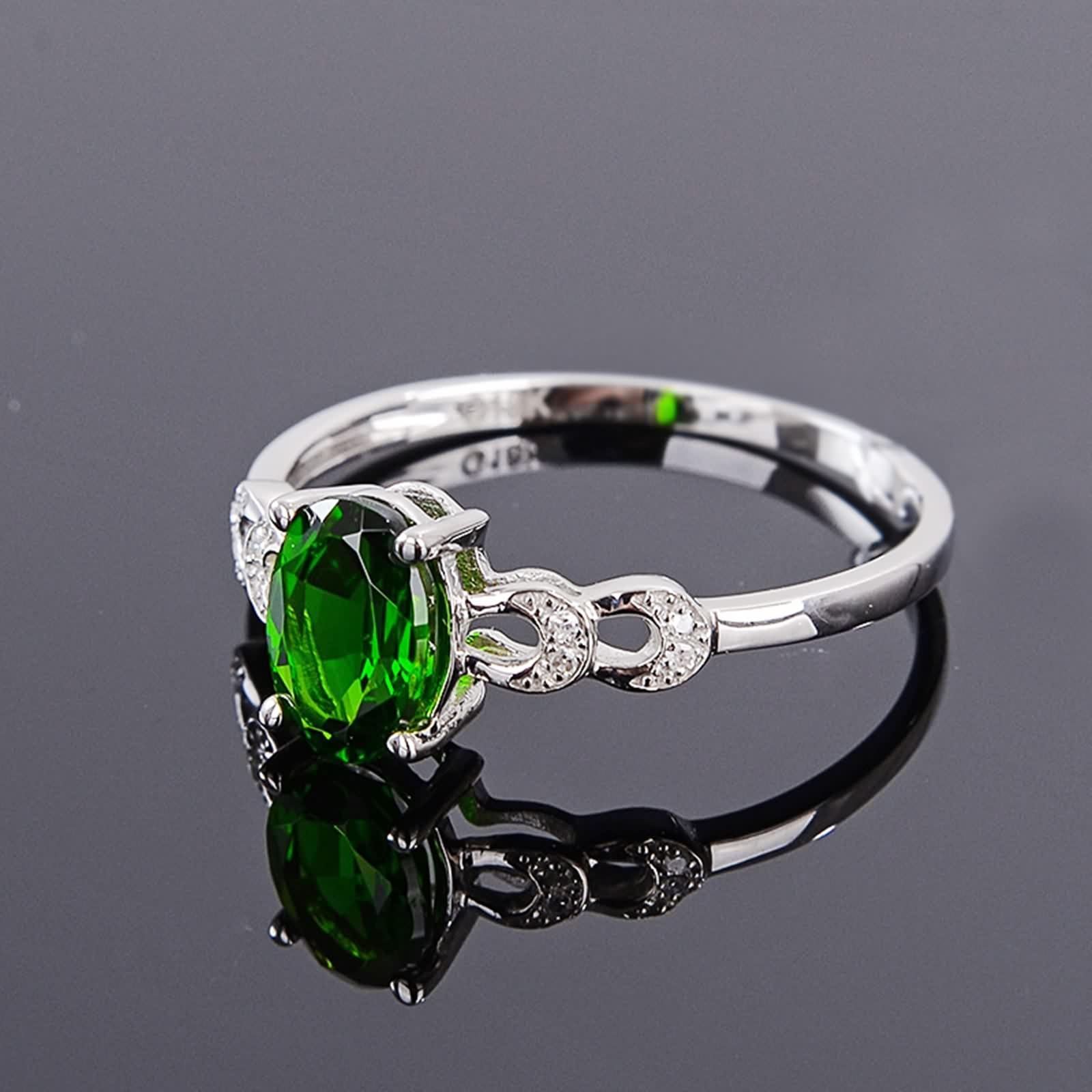 Anillo de oro blanco, anillo de compromiso para mujer, color plateado, verde, ovalado, diópsido hueco, ajuste cómodo