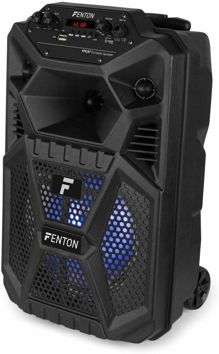 Fenton FPC8T – Altavoz Karaoke portátil 100W con batería Bluetooth 5.0 USB SD AUX micrófono Incluido Efectos Eco y Voz Luces LED Ruedas y asa telescópica Karaoke para Adultos y niños Fiestas