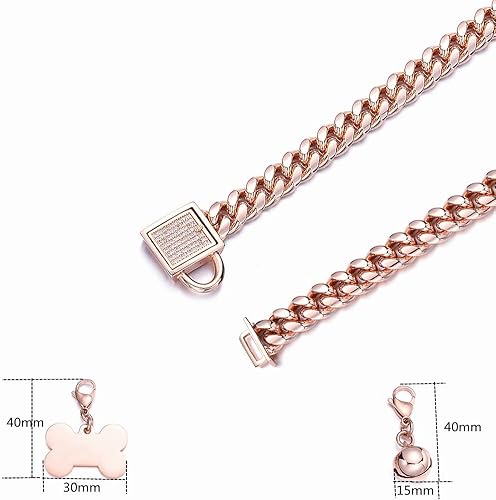 Miniatura 2 de Collar de perro con cadena de oro rosa de 0.394 pulgadas0.555 pulgadas, collar de perro con eslabones cubanos a prueba de mordidas, collar de cadena