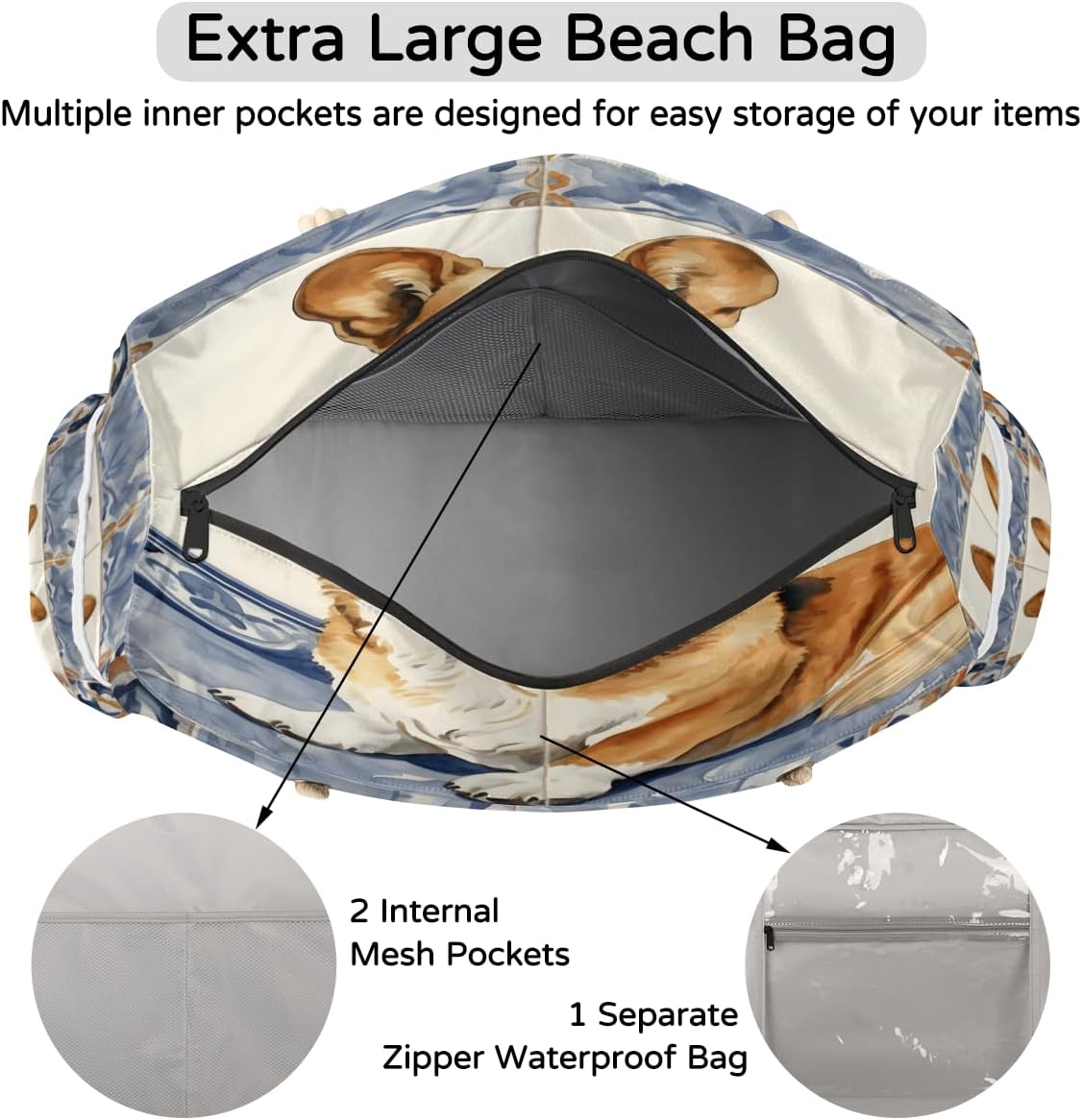 Florist Dog Beach Bag for Women Waterproof Sandproof Tote with Zipper Cotton Rope Handles for Travel Pool Gym Shopping