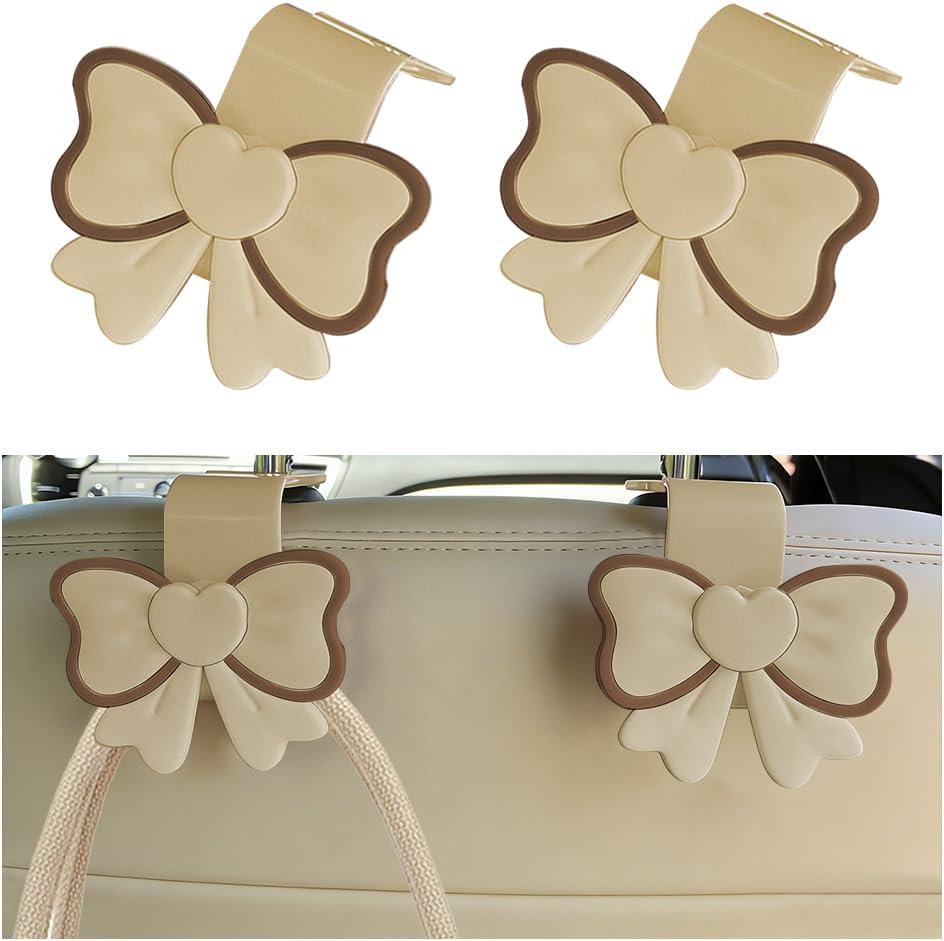 2PCS Car Seat Headrest Hook, Cute Bow Vehicle Backseat Storage Hanger Purse Handbag Organizer, Automotive Interior Seat Back Hook Holder for Umbrella Hat Bag, Universal for Vehicles (Beige)