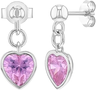 925 Sterling Silver Pink Cubic Zirconia Heart Ball Stud Dangle Earrings For Girls & Preteens- Delicate Safety Back Stud Earrings For Toddlers, Little Girls & Preteens